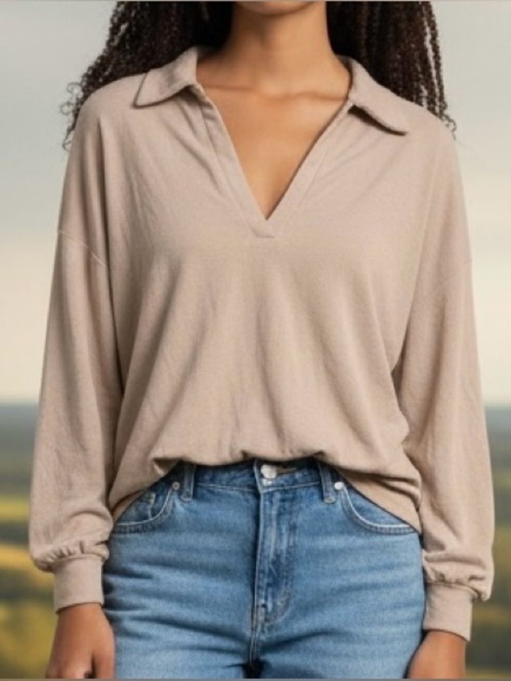 Kittenish Long Sleeve Polo Ribbed Sweatshirt With Spread Collar Tan Beige Small